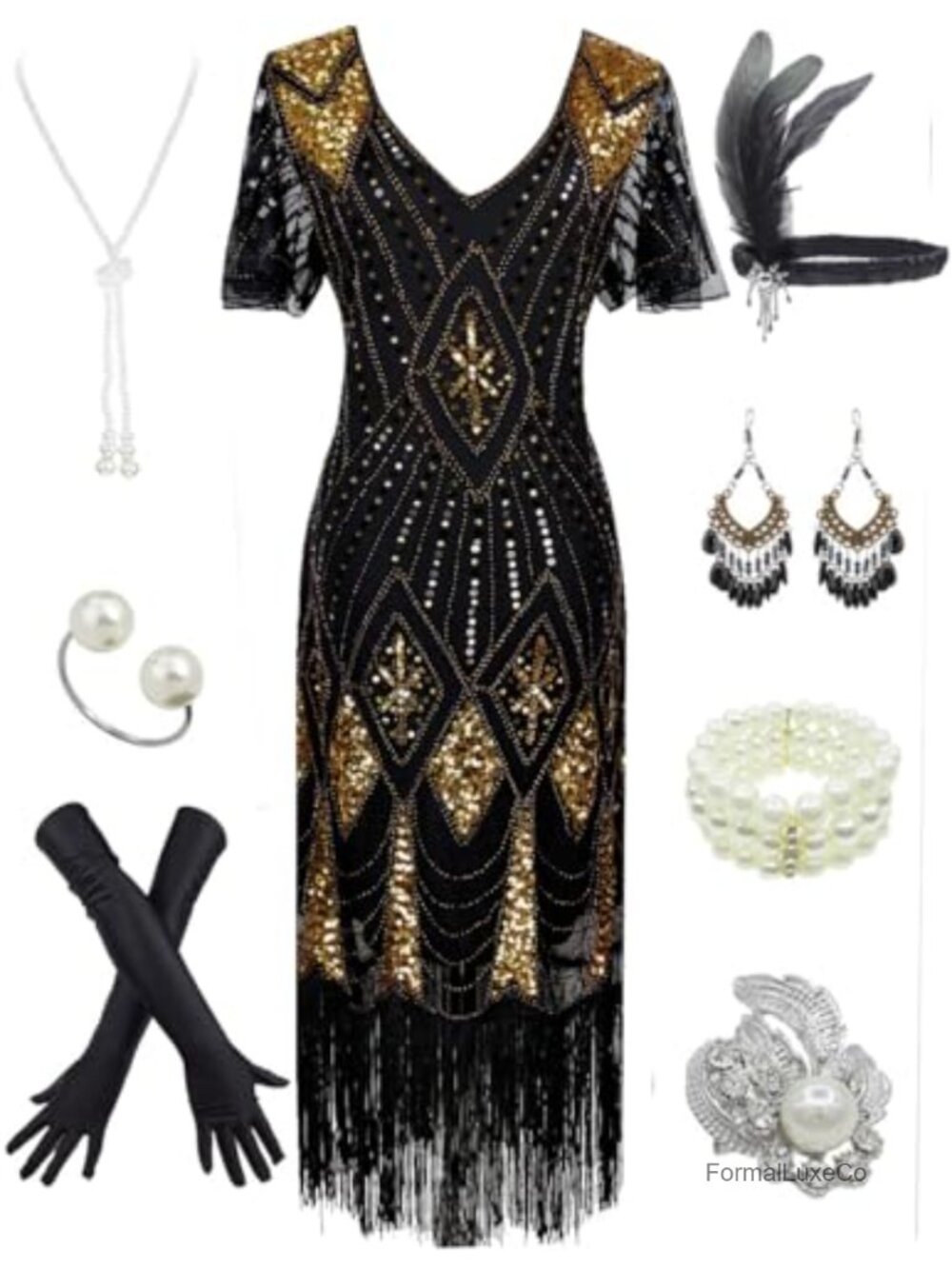 1920s Gatsby Sequin Fringe Flapper Dress Costume Set with Accessories
